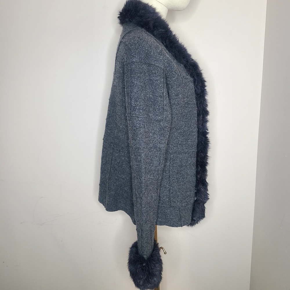 Lafayette 148 NY Small Gray 100% Wool‎ Rabbit Fur Collar Cuffs Cardigan Coquette - Picture 4 of 7